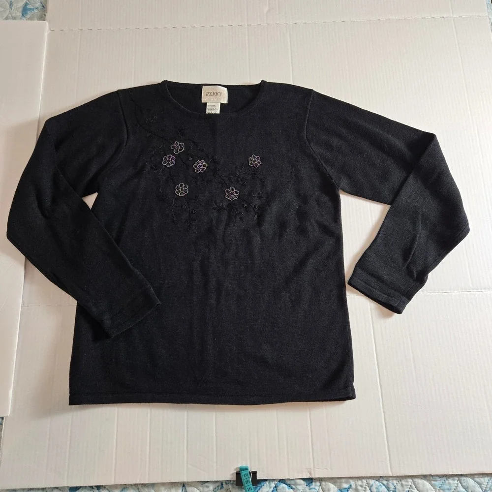 Vintage Jenny Black Beaded Floral Embroidery Long Sleeve‎ Knit Top Womens Small